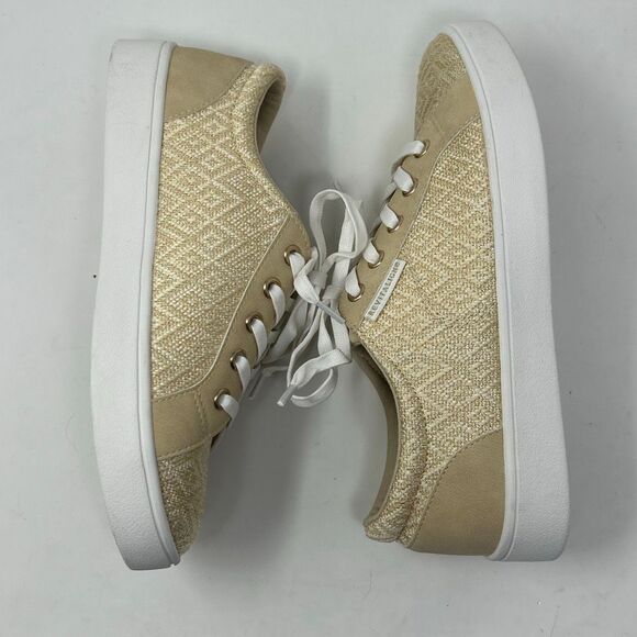 Spenco Revitalign Lace Up Sneakers Sz 7 Tan Metallic Gold Comfort Orthotic - Picture 8 of 9